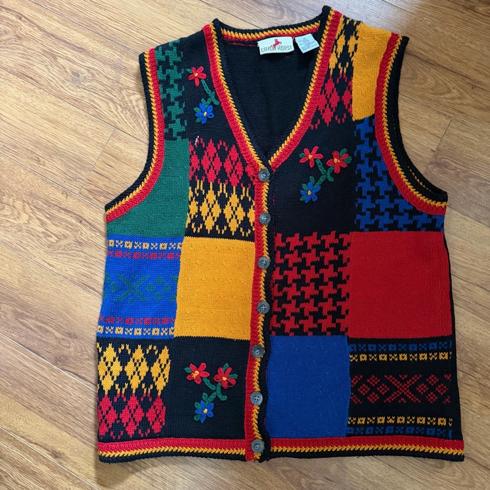 Vintage Boho Grannycore Multicolor Patchwork Sweater Vest
